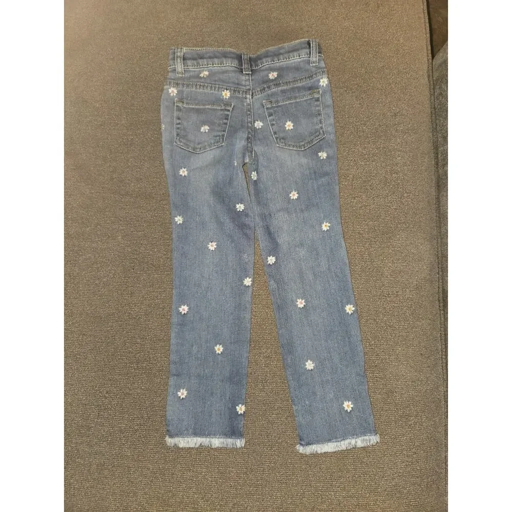 Cat & Jack Girls 5T Skinny Jeans Adjustable Waist Stretch Blue Floral Denim